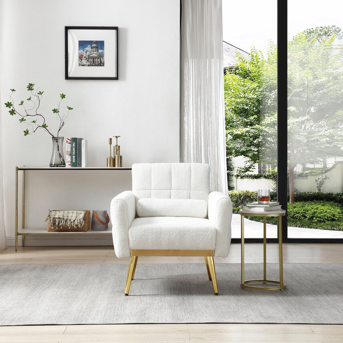 Modern Comfy Blind Tufted White Teddy Fabric Accent Chair Leisure Chair Armchair Living Room Chairs,White