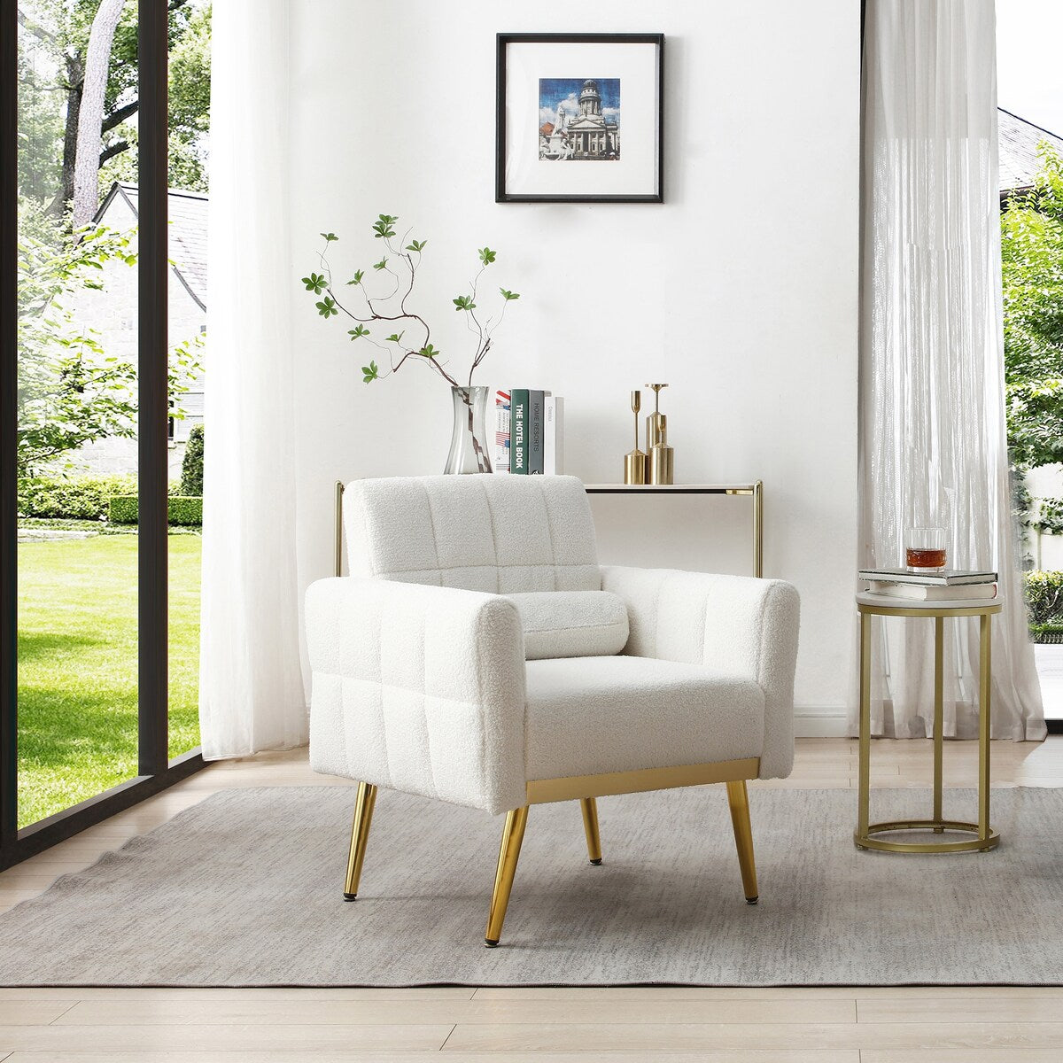 Modern Comfy Blind Tufted White Teddy Fabric Accent Chair Leisure Chair Armchair Living Room Chairs,White