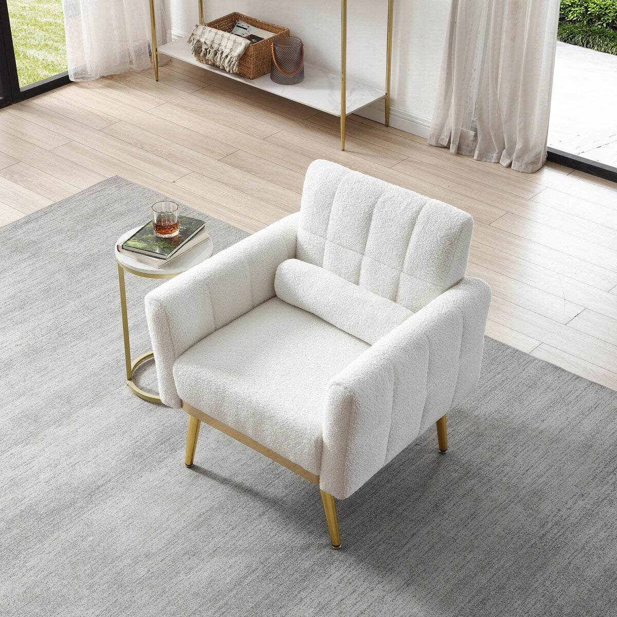 Modern Comfy Blind Tufted White Teddy Fabric Accent Chair Leisure Chair Armchair Living Room Chairs,White