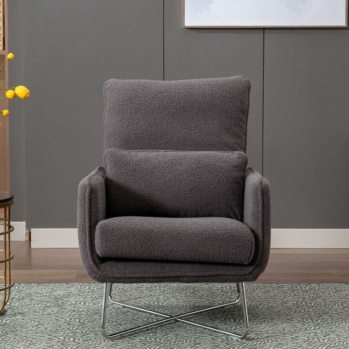 Modern Comfy Leisure Accent Chair, Teddy Short Plush Particle Velvet Armchair with Lumbar Pillow for Living Room