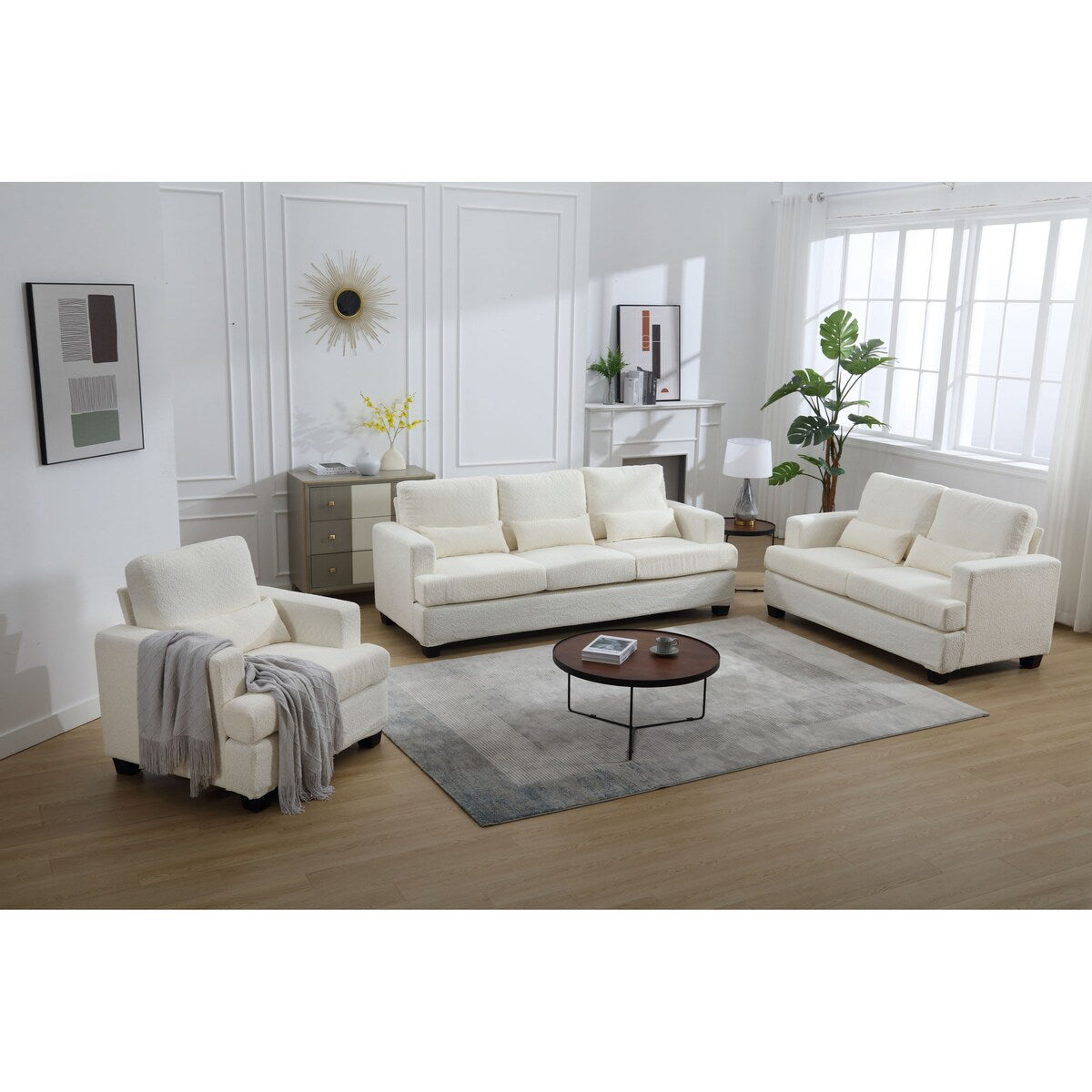 Modern Comfy Upholstered 3-Piece Sofa Set, Sofas & Couches with Spacious Armrest and Thickend Cushion & Waist Pillow