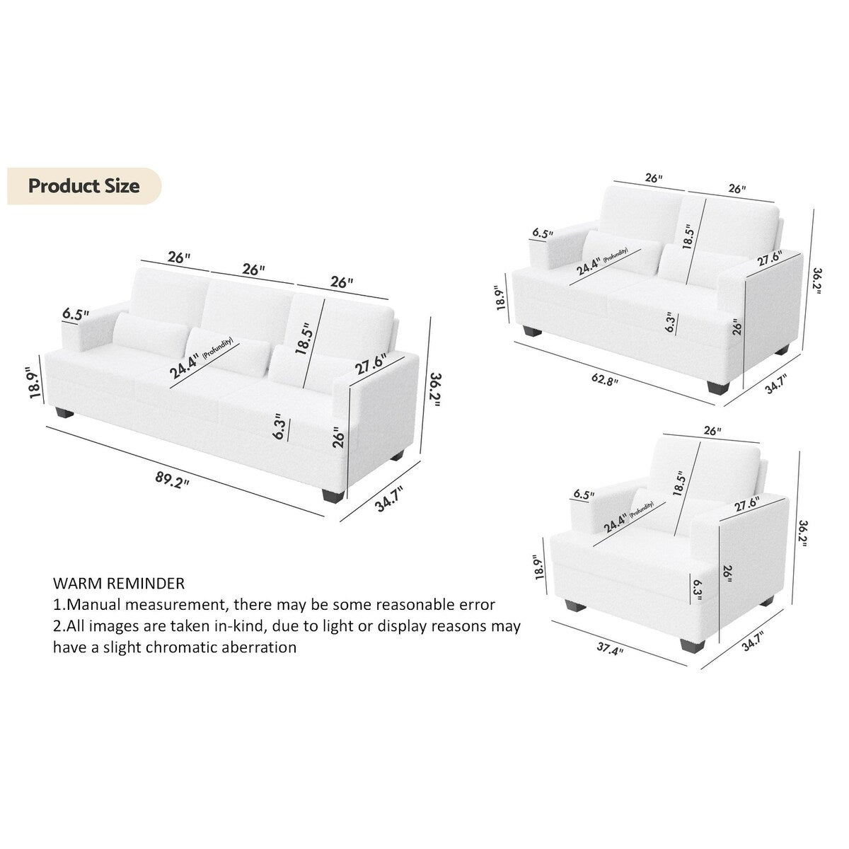Modern Comfy Upholstered 3-Piece Sofa Set, Sofas & Couches with Spacious Armrest and Thickend Cushion & Waist Pillow