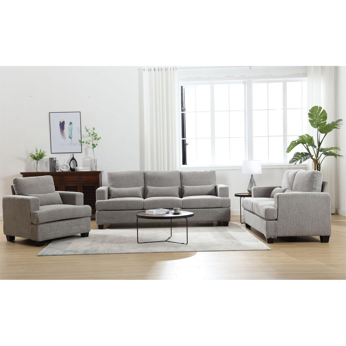 Modern Comfy Upholstered 3-Piece Sofa Set, Sofas & Couches with Spacious Armrest and Thickend Cushion & Waist Pillow