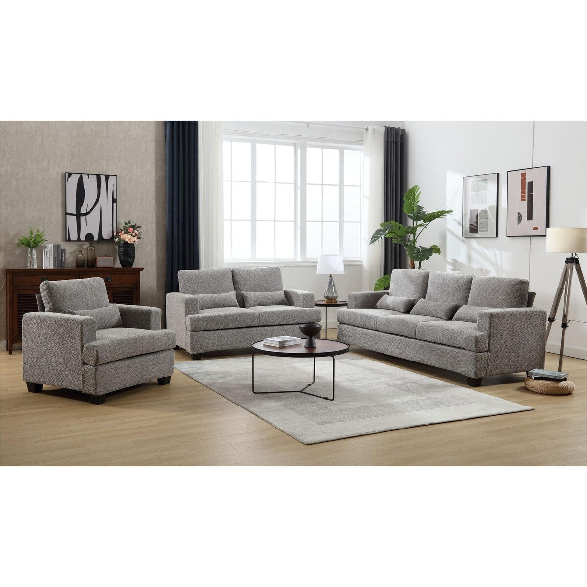 Modern Comfy Upholstered 3-Piece Sofa Set, Sofas & Couches with Spacious Armrest and Thickend Cushion & Waist Pillow