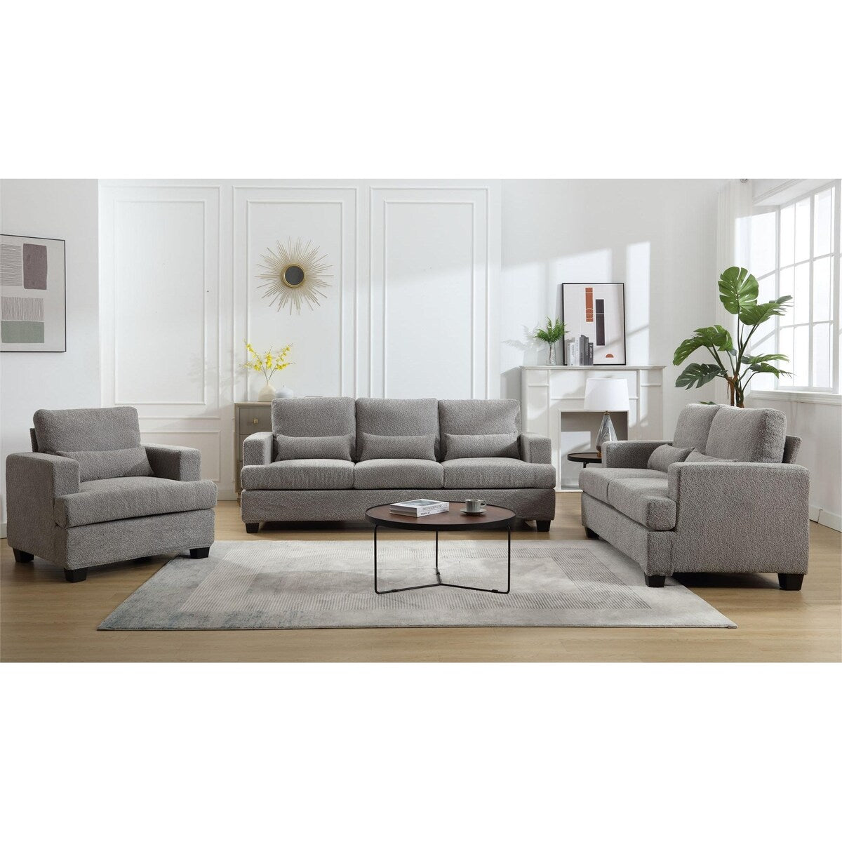 Modern Comfy Upholstered 3-Piece Sofa Set, Sofas & Couches with Spacious Armrest and Thickend Cushion & Waist Pillow