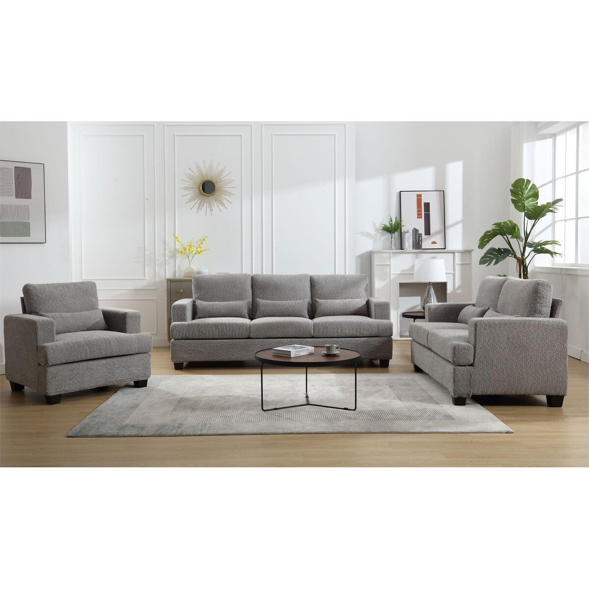 Modern Comfy Upholstered 3-Piece Sofa Set, Sofas & Couches with Spacious Armrest and Thickend Cushion & Waist Pillow