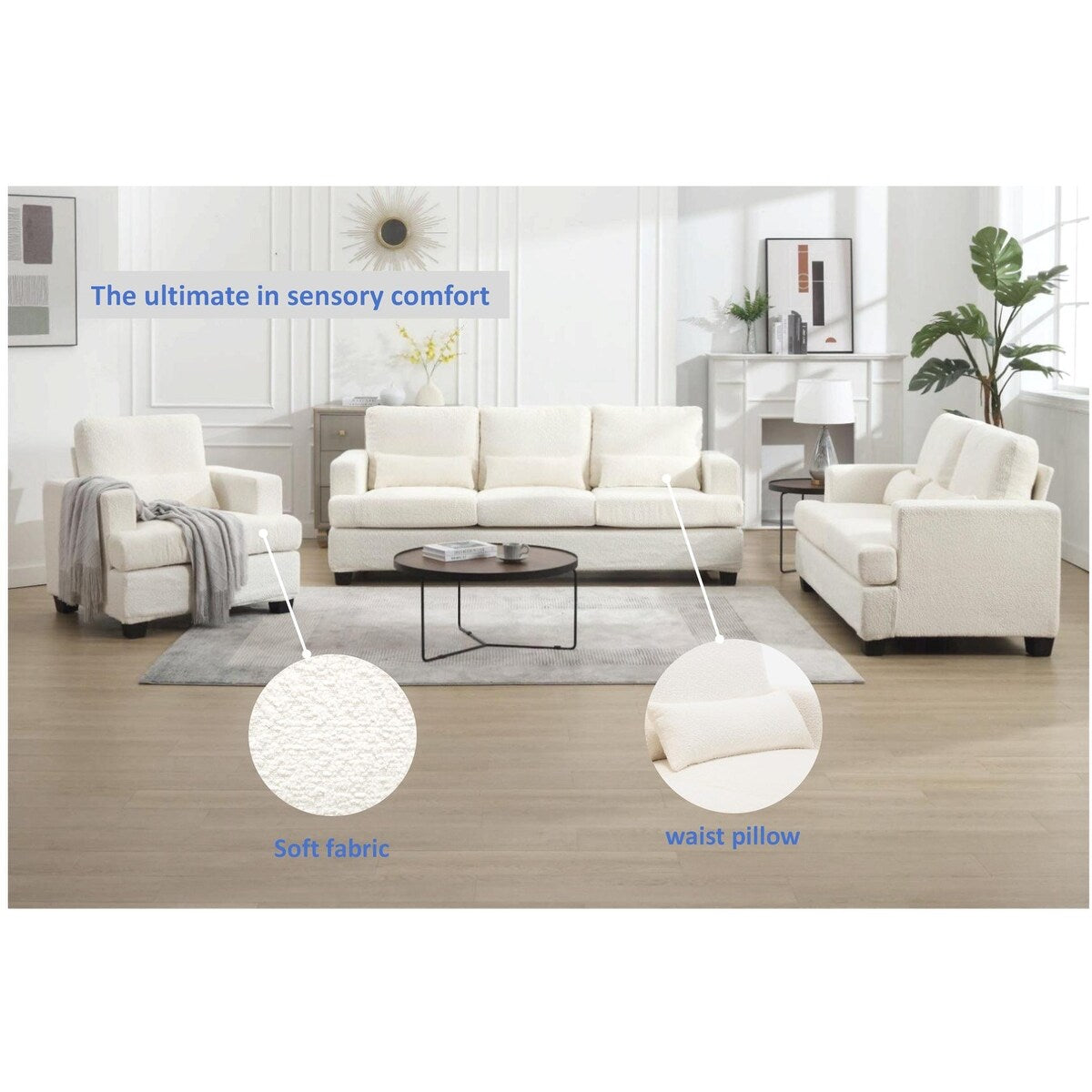 Modern Comfy Upholstered 3-Piece Sofa Set, Sofas & Couches with Spacious Armrest and Thickend Cushion & Waist Pillow