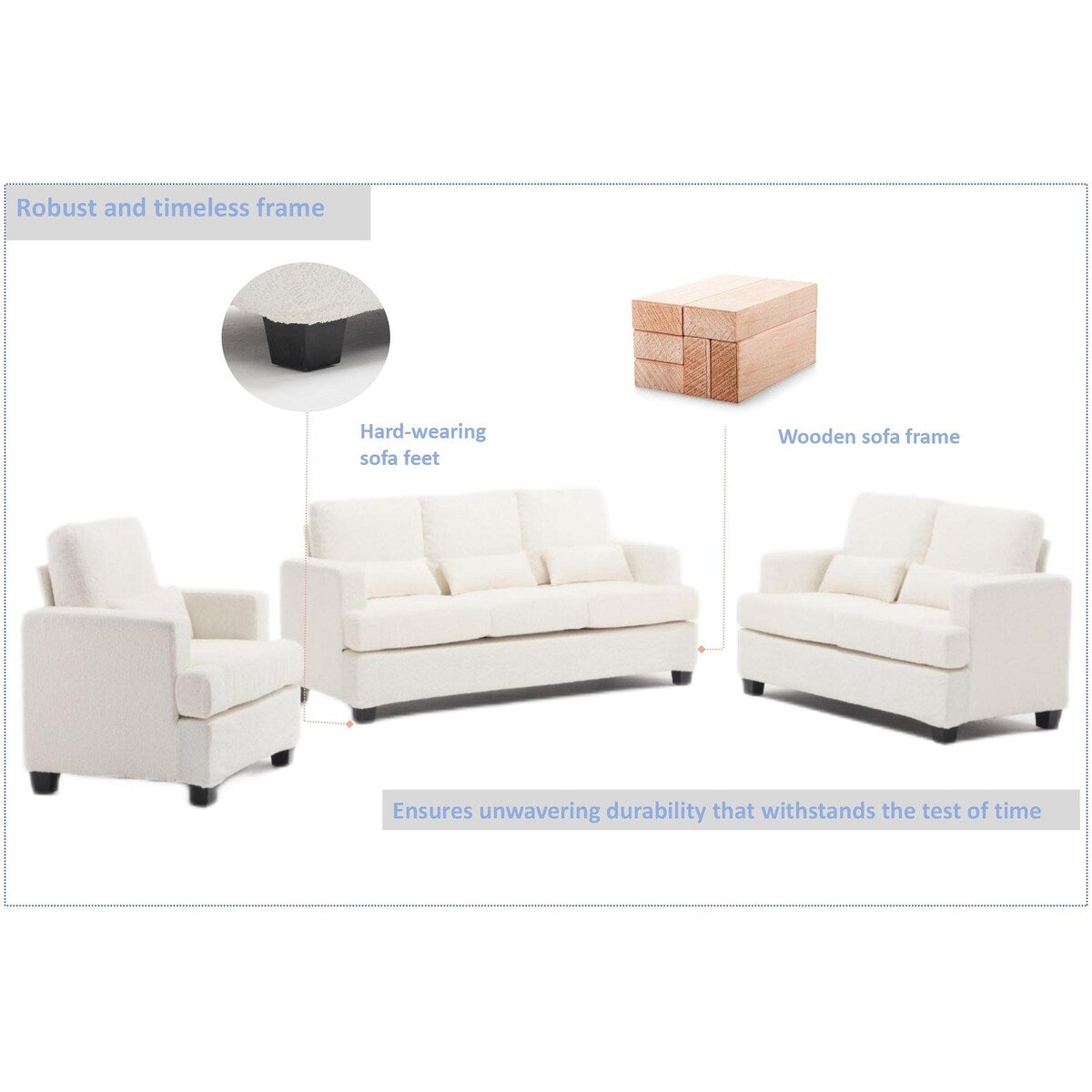 Modern Comfy Upholstered 3-Piece Sofa Set, Sofas & Couches with Spacious Armrest and Thickend Cushion & Waist Pillow