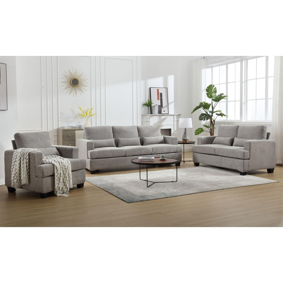 Modern Comfy Upholstered 3-Piece Sofa Set, Sofas & Couches with Spacious Armrest and Thickend Cushion & Waist Pillow