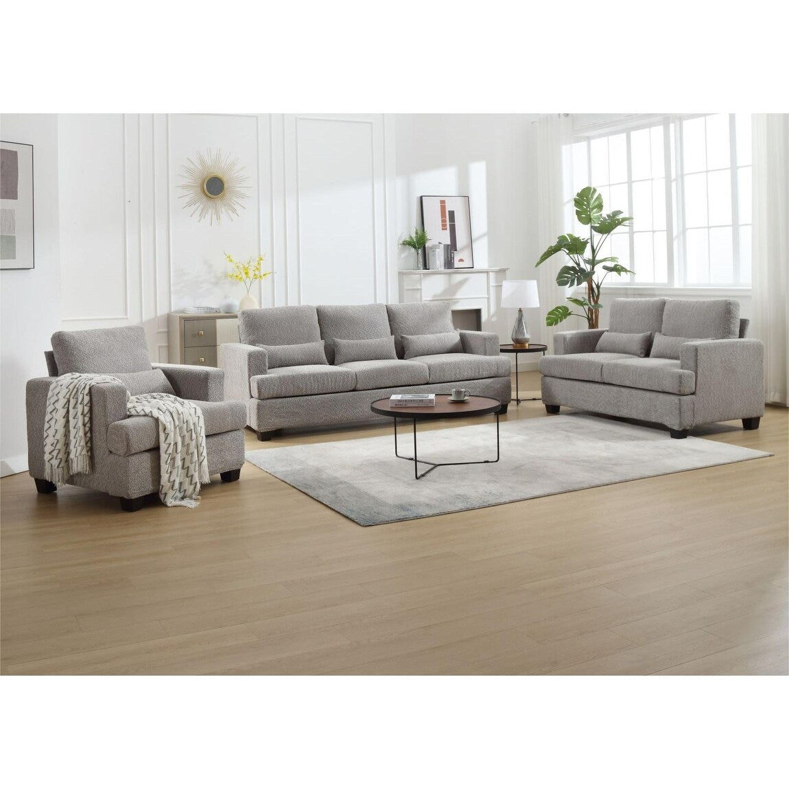 Modern Comfy Upholstered 3-Piece Sofa Set, Sofas & Couches with Spacious Armrest and Thickend Cushion & Waist Pillow