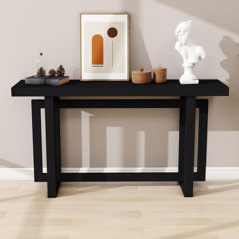 Modern Console Table Sofa Table with Industrial-Inspired Concrete Top, 59'' Long Accent Entryway Table
