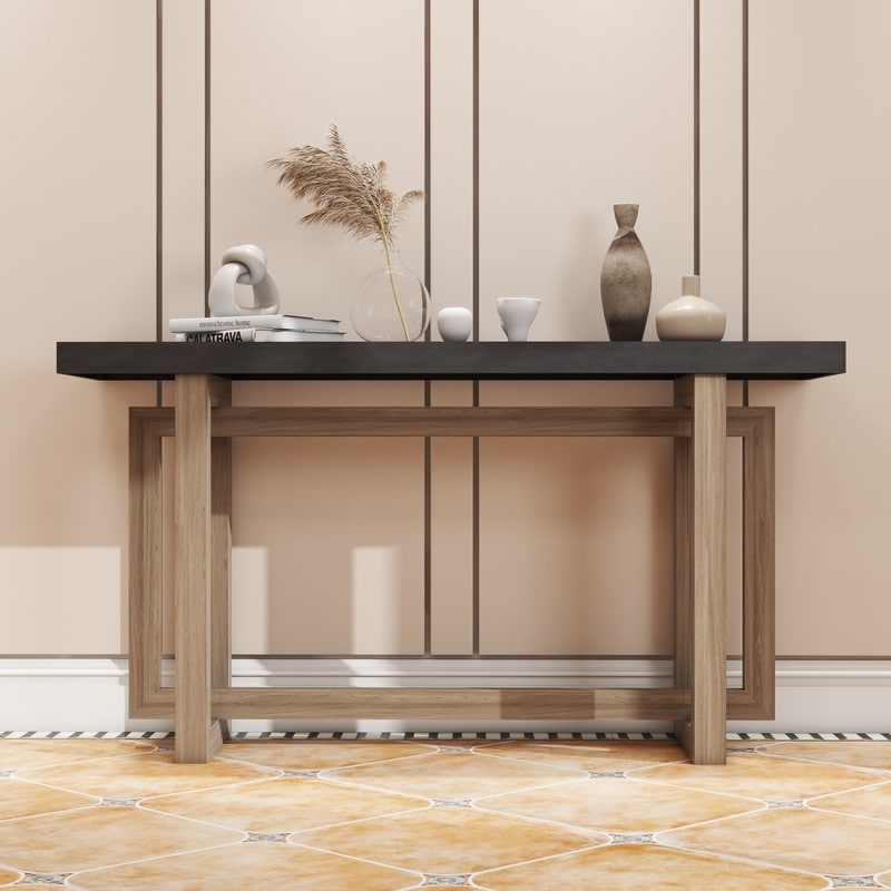 Modern Console Table Sofa Table with Industrial-Inspired Concrete Top, 59'' Long Accent Entryway Table