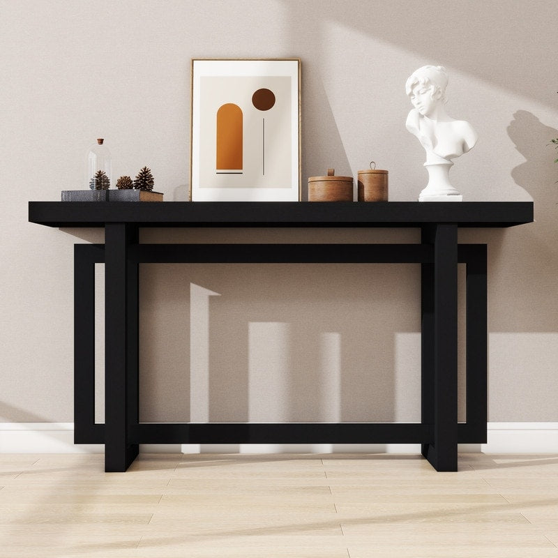 Modern Console Table Sofa Table with Industrial-Inspired Concrete Top, 59'' Long Accent Entryway Table