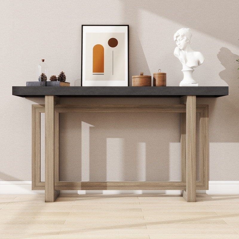 Modern Console Table Sofa Table with Industrial-Inspired Concrete Top, 59'' Long Accent Entryway Table
