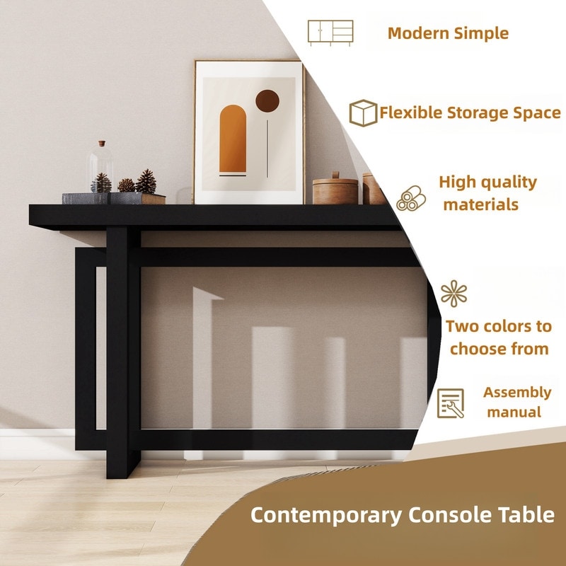 Modern Console Table Sofa Table with Industrial-Inspired Concrete Top, 59'' Long Accent Entryway Table