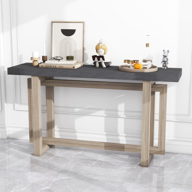 Modern Console Table Sofa Table with Industrial-Inspired Concrete Top, 59'' Long Accent Entryway Table
