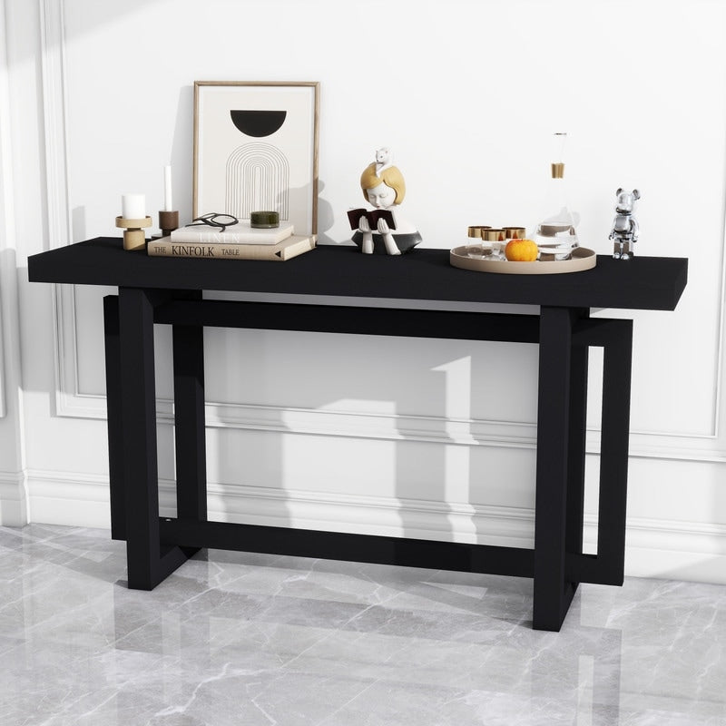 Modern Console Table Sofa Table with Industrial-Inspired Concrete Top, 59'' Long Accent Entryway Table