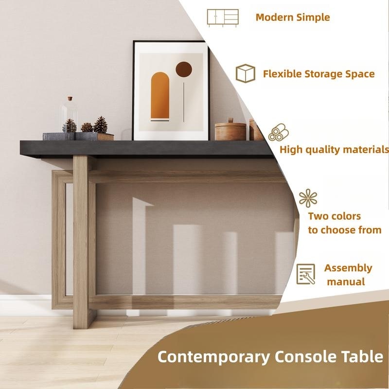 Modern Console Table Sofa Table with Industrial-Inspired Concrete Top, 59'' Long Accent Entryway Table