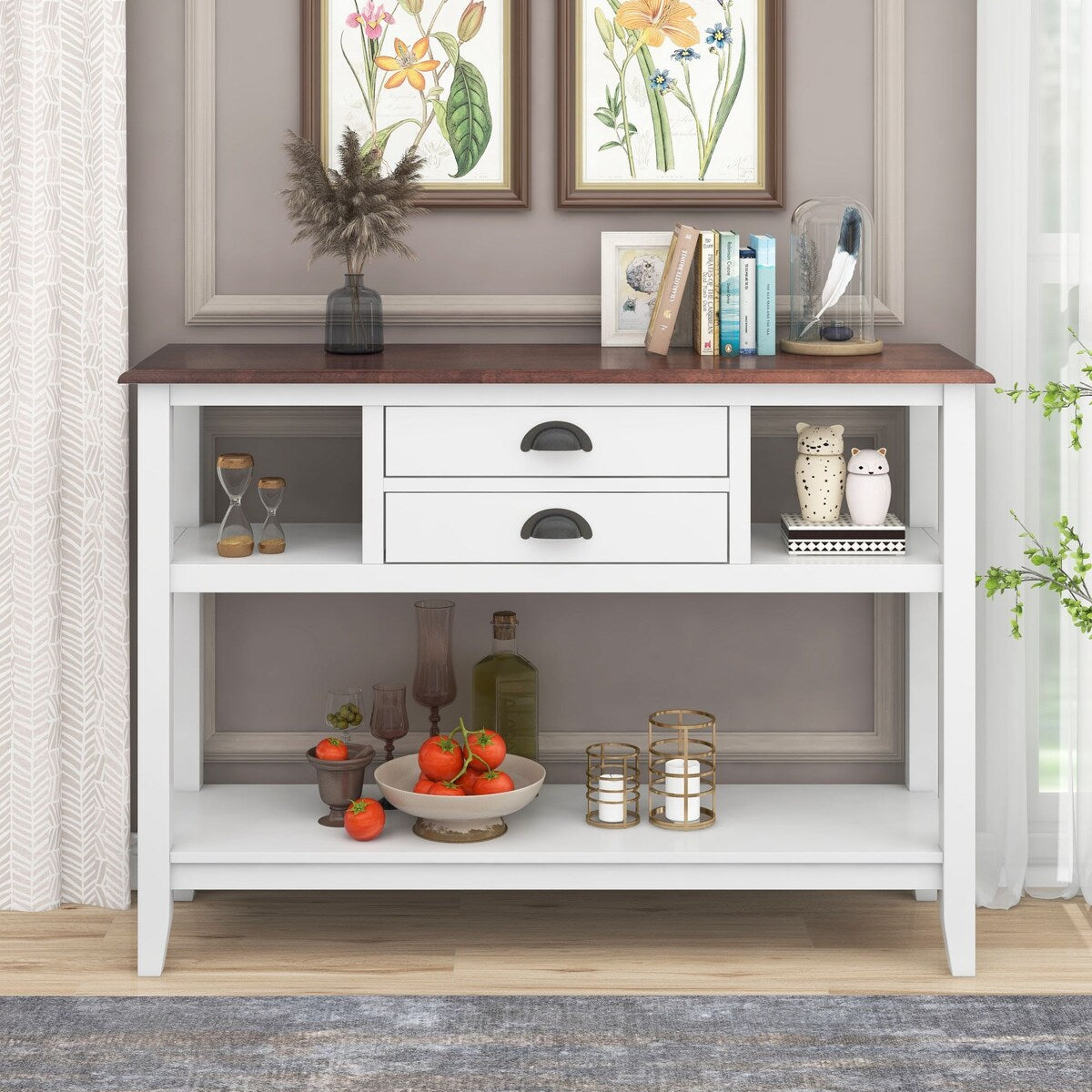 Modern White Console Table with 2 Drawers and Open Shelves