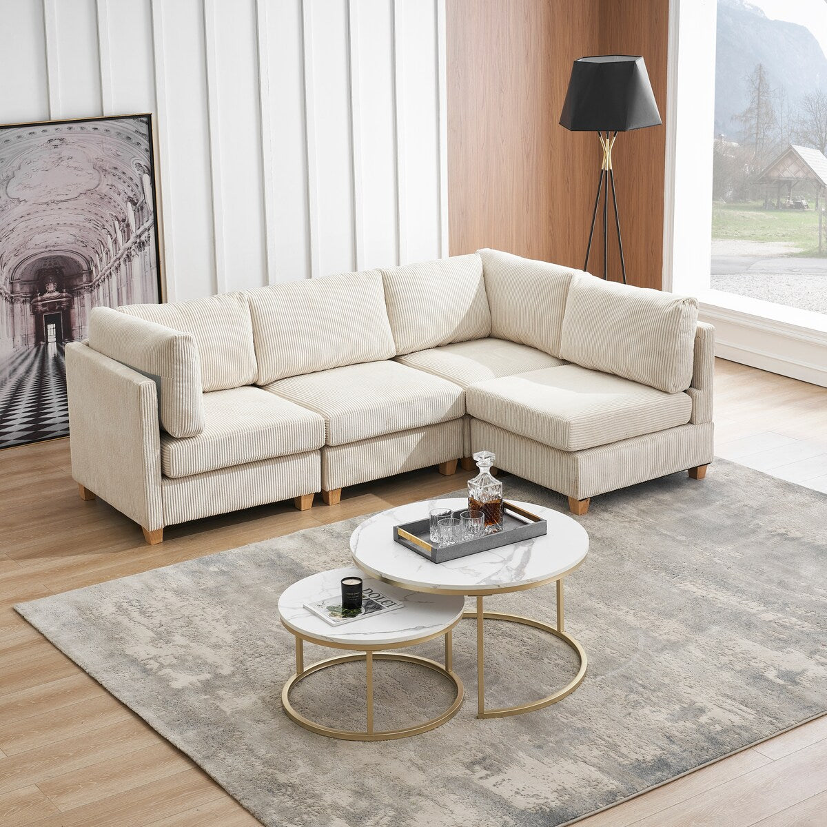 Modern Convertibale L Shape Sofa Corduroy Fabric Comfortable Couch