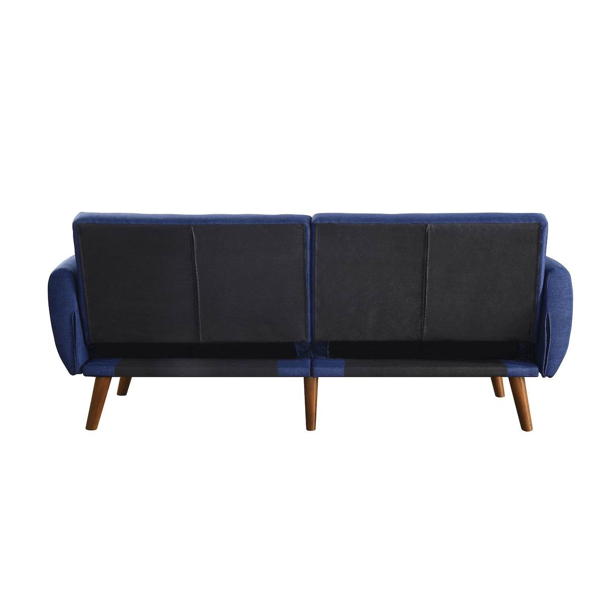 Modern Convertible Adjustable Sofa with Scrolled Arm 2 Seats Loveseat Walnut Finish Blue Linen
