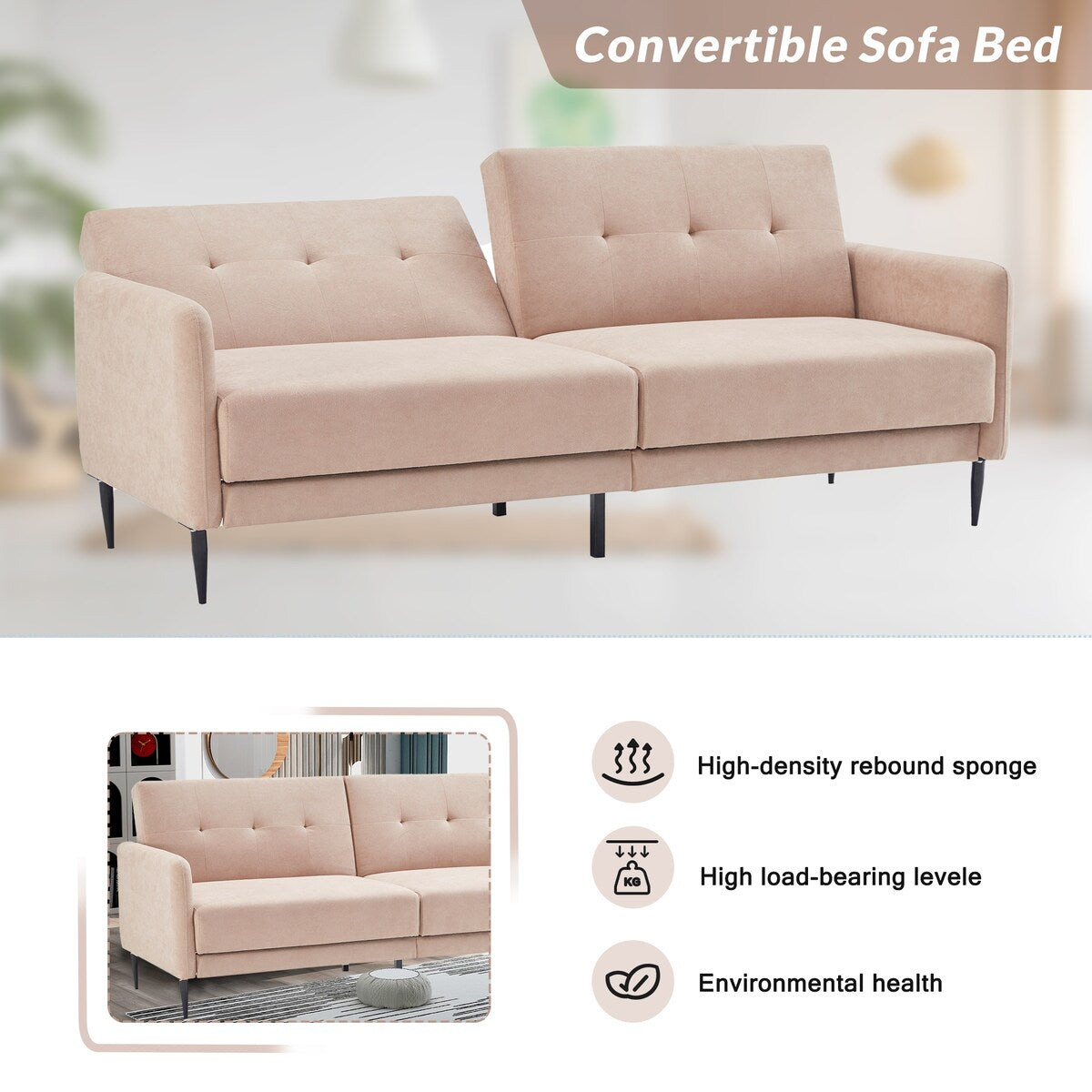 Modern Convertible Folding Futon Sofa Bed Linen Upholstered