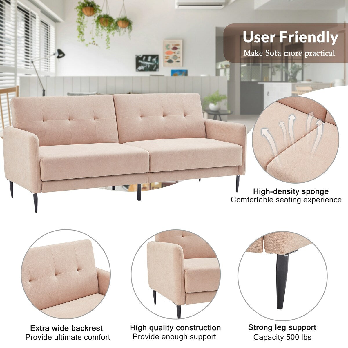 Modern Convertible Folding Futon Sofa Bed Linen Upholstered
