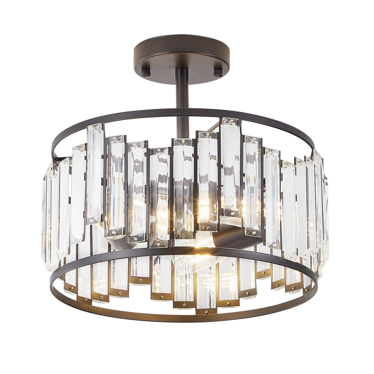 Modern Black 3-Light Crystal Pieces Cylinder Semi Flush Mount Lamp