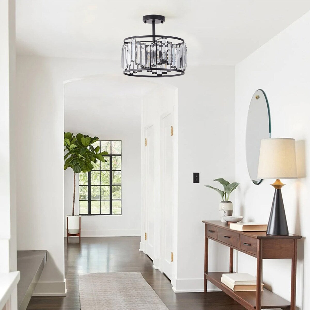 Modern Black 3-Light Crystal Pieces Cylinder Semi Flush Mount Lamp