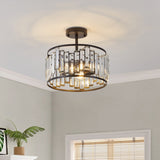 Modern Black 3-Light Crystal Pieces Cylinder Semi Flush Mount Lamp