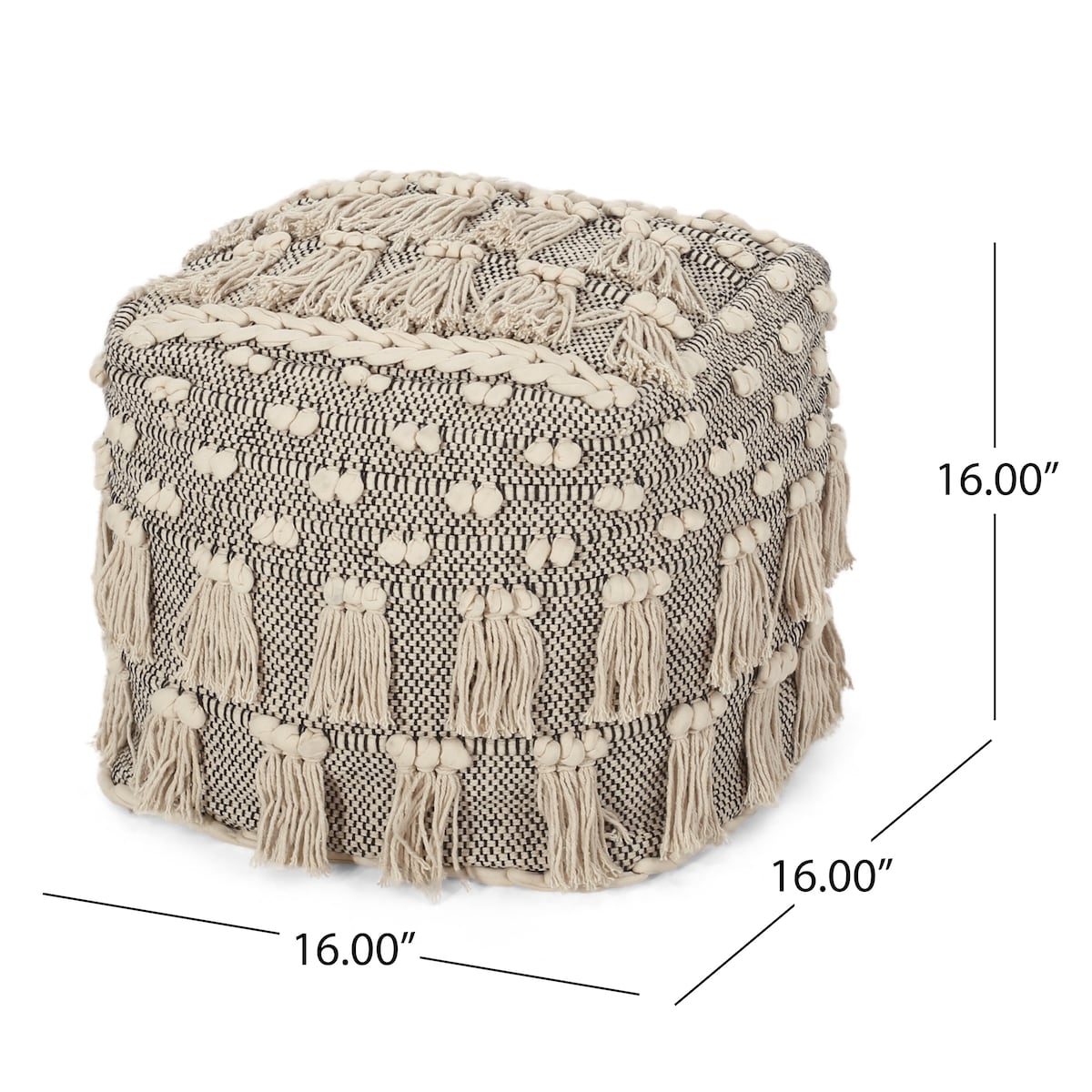 Modern Design Handcrafted Fabric Pouf with Tassels，Softness And Comfort