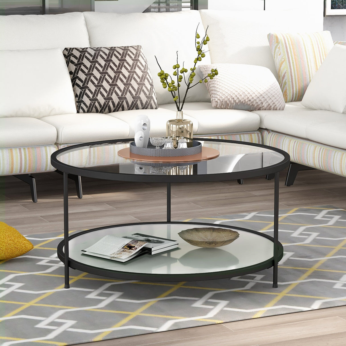 Modern Design Living Room 31.6" Cocktail Table, Metal with Stained White Tempered Glass, 2-Tier Coffee Table