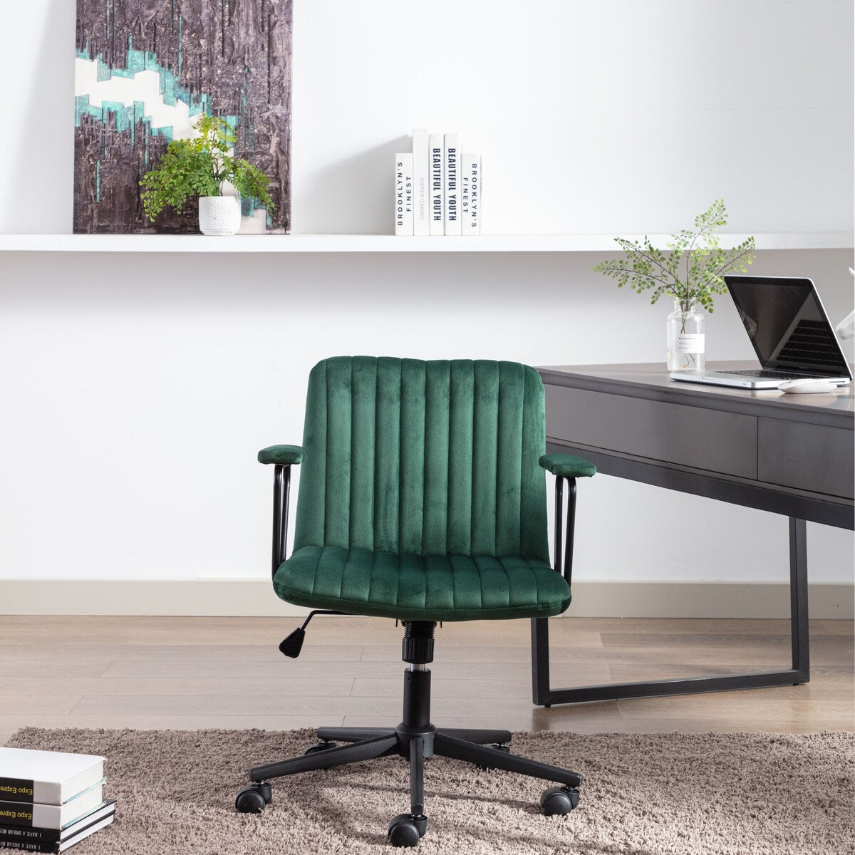 Modern Design Mid-Back Desk Chair, Velvet Swivel Office Chair with black Frame, Arm Chair For Home Office(Green)