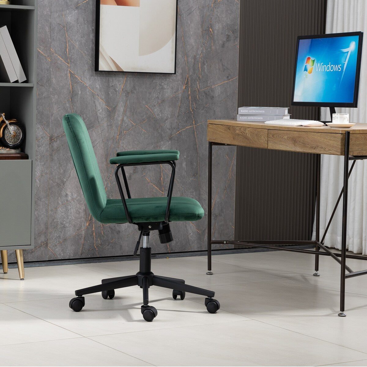 Modern Design Mid-Back Desk Chair, Velvet Swivel Office Chair with black Frame, Arm Chair For Home Office(Green)