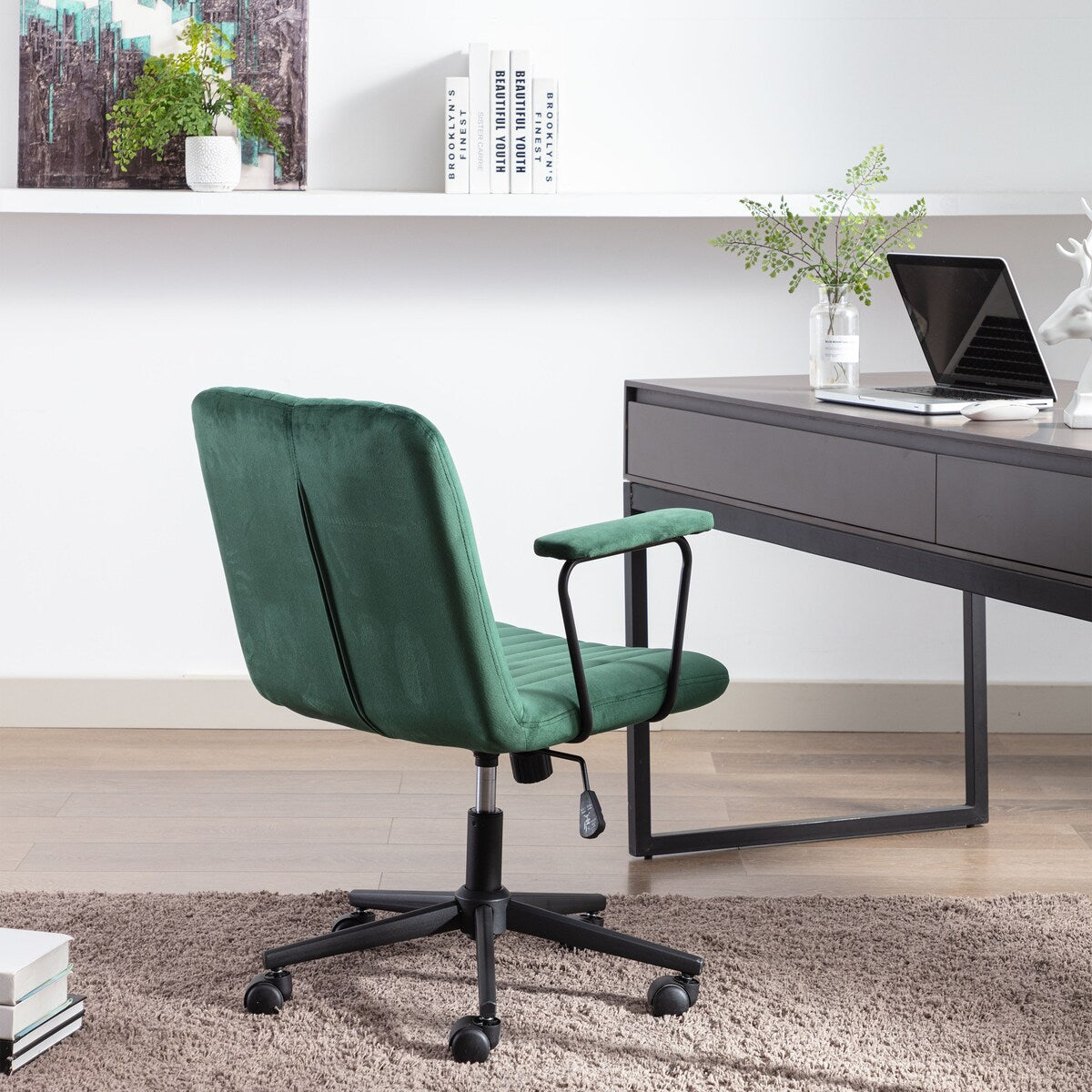 Modern Design Mid-Back Desk Chair, Velvet Swivel Office Chair with black Frame, Arm Chair For Home Office(Green)