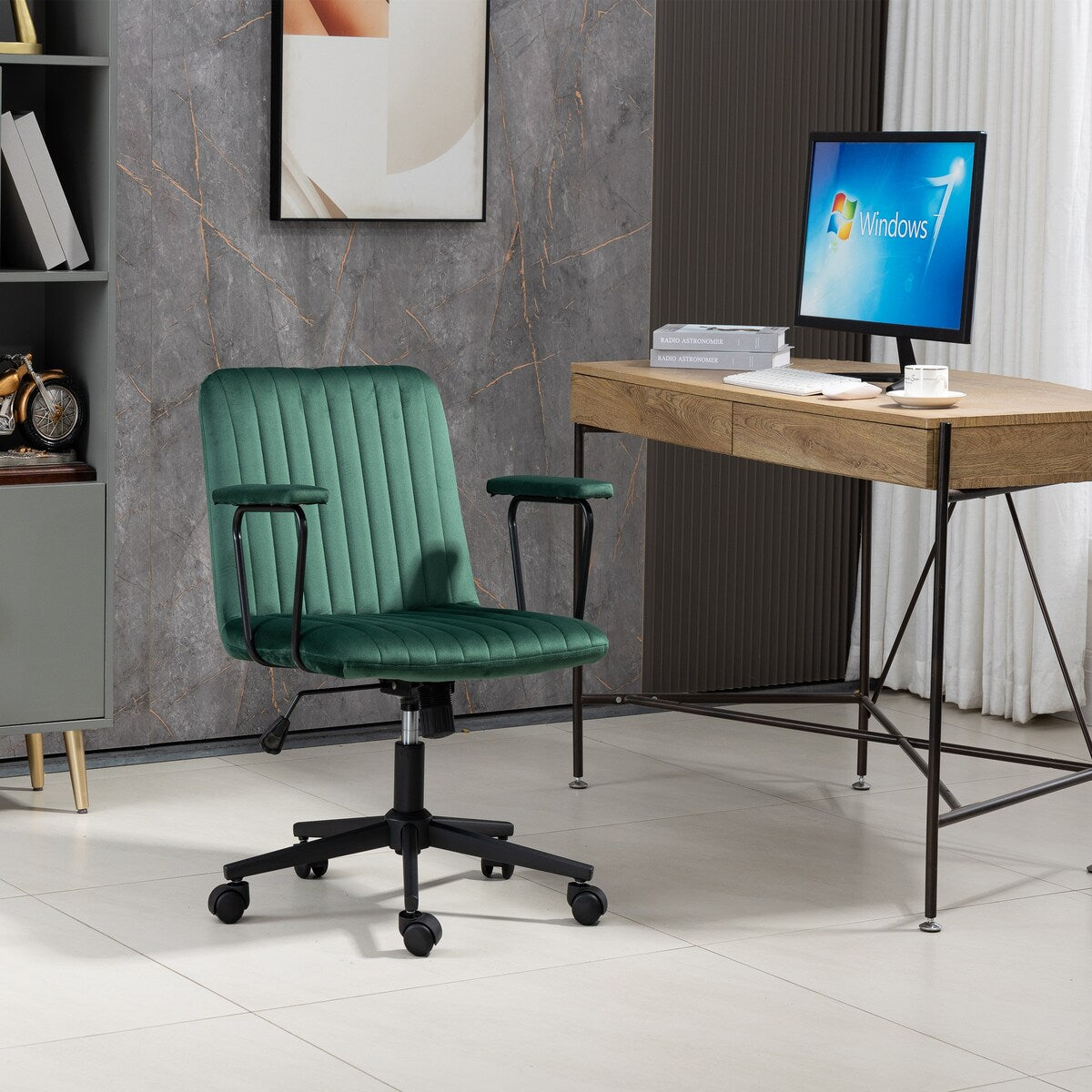 Modern Design Mid-Back Desk Chair, Velvet Swivel Office Chair with black Frame, Arm Chair For Home Office(Green)