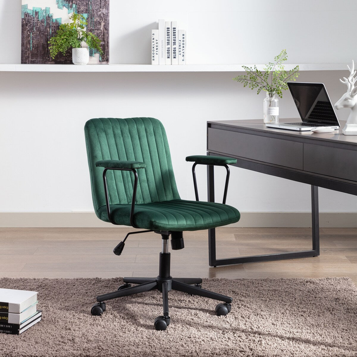 Modern Design Mid-Back Desk Chair, Velvet Swivel Office Chair with black Frame, Arm Chair For Home Office(Green)