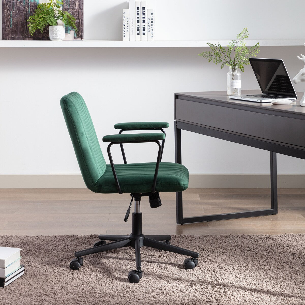 Modern Design Mid-Back Desk Chair, Velvet Swivel Office Chair with black Frame, Arm Chair For Home Office(Green)