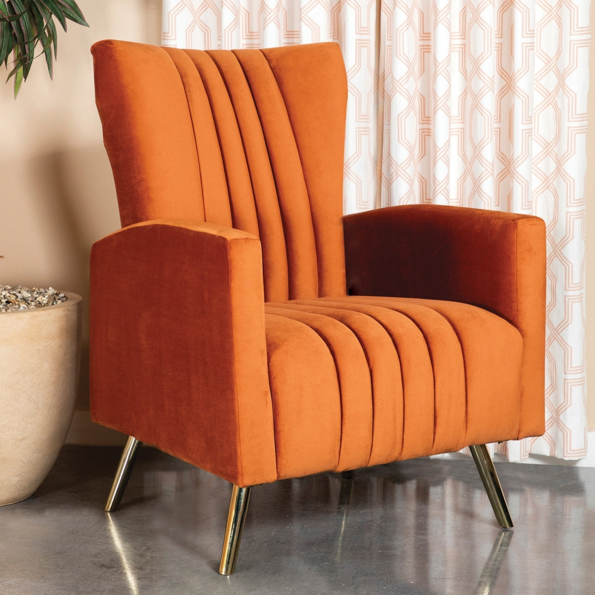 Modern Design Rust Orange living Room Accent Chair with Vertical Channeled Tufting