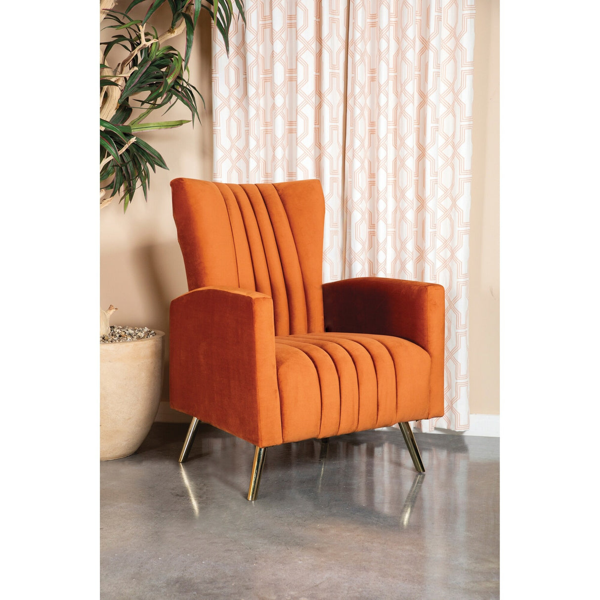 Modern Design Rust Orange living Room Accent Chair with Vertical Channeled Tufting