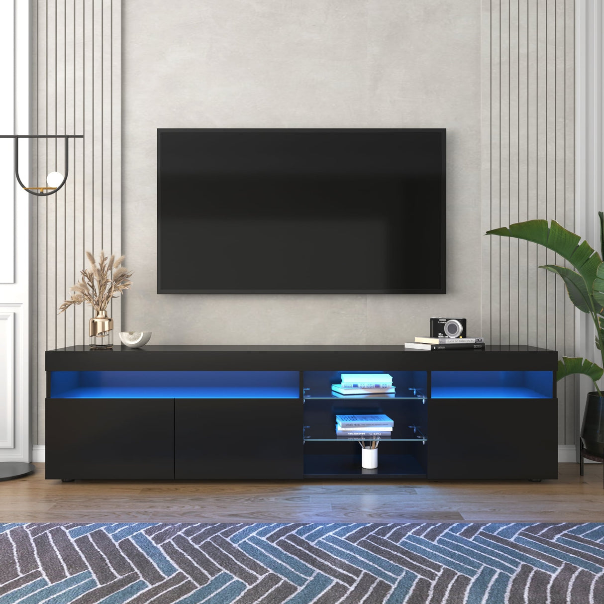 Modern Design TV Stand Entertainment Center with Color LED Lights - 13.77 x 70.86 x 17.71
