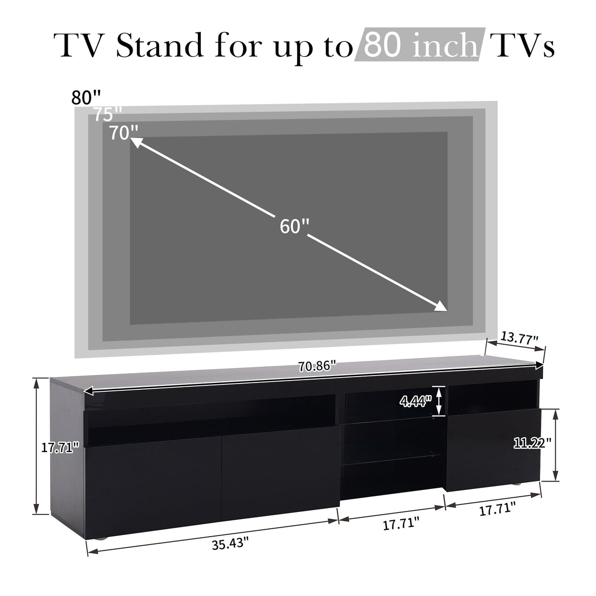 Modern Design TV Stand Entertainment Center with Color LED Lights - 13.77 x 70.86 x 17.71