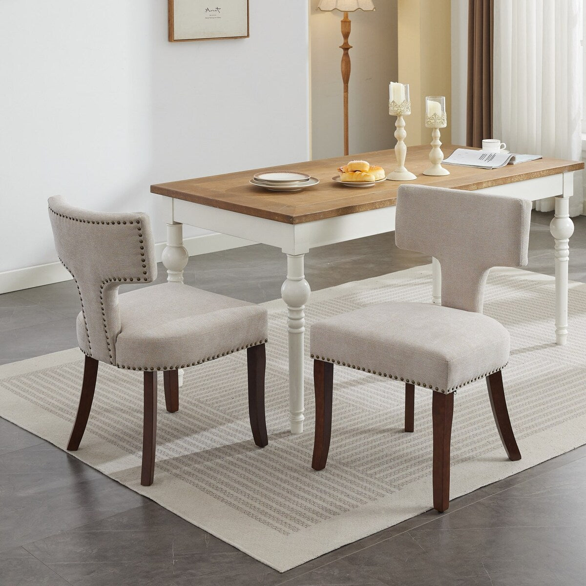 Modern Dining Chairs Set of 2, Farmhouse Linen Fabric Upholstered Accent Chair Curved Backrest with Copper Nails around