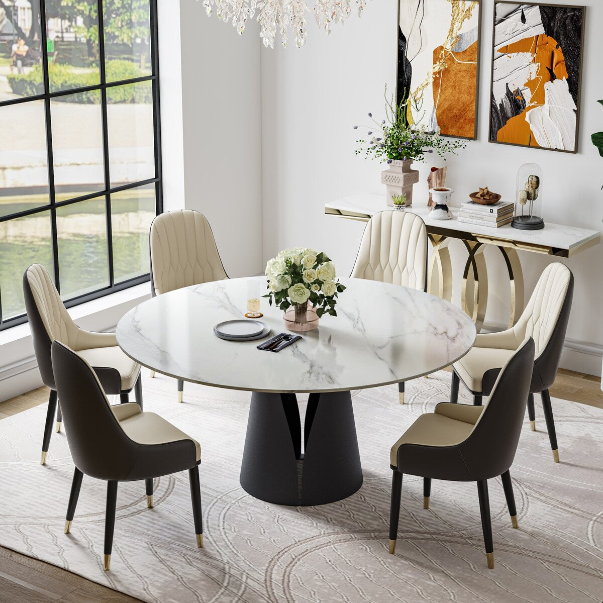 Modern Dining Room Sets, Kitchen Furniture Round White Dining Table with Chairs, Round Dining Table Set for 4-6