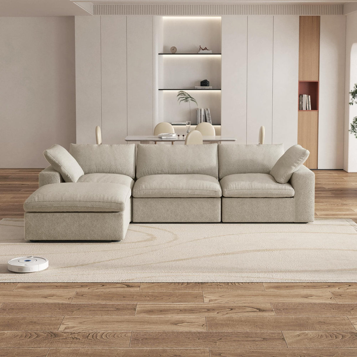 Modern Down Filled Modular 4 Piece Sectional Sofa L-shape Linen Upholstered Couch with Storage Ottoman