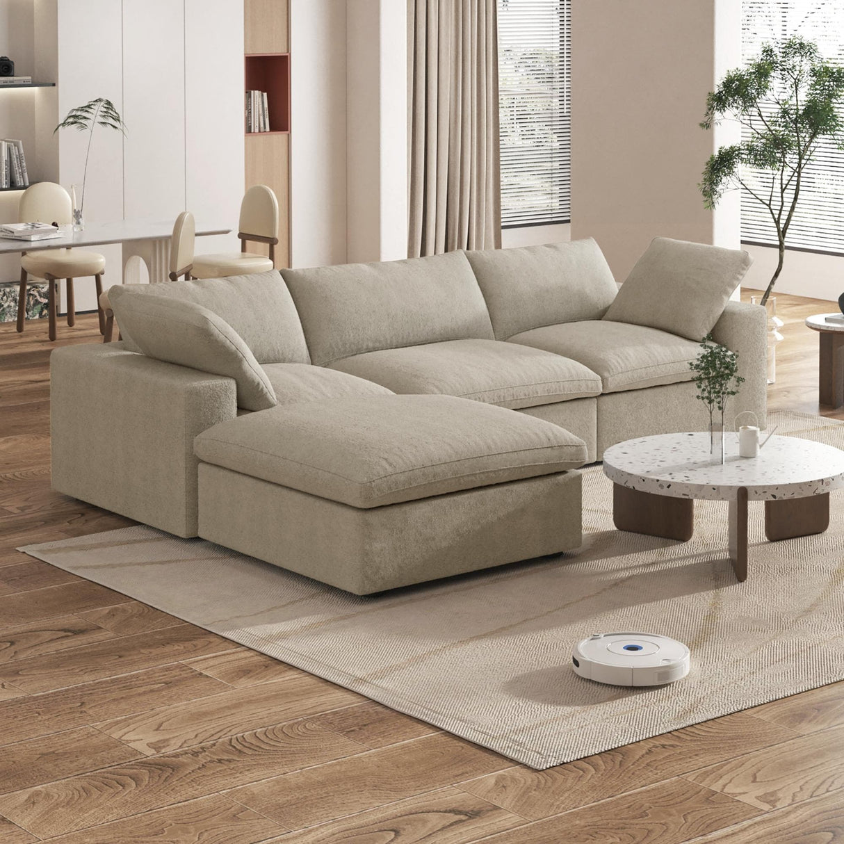 Modern Down Filled Modular 4 Piece Sectional Sofa L-shape Linen Upholstered Couch with Storage Ottoman