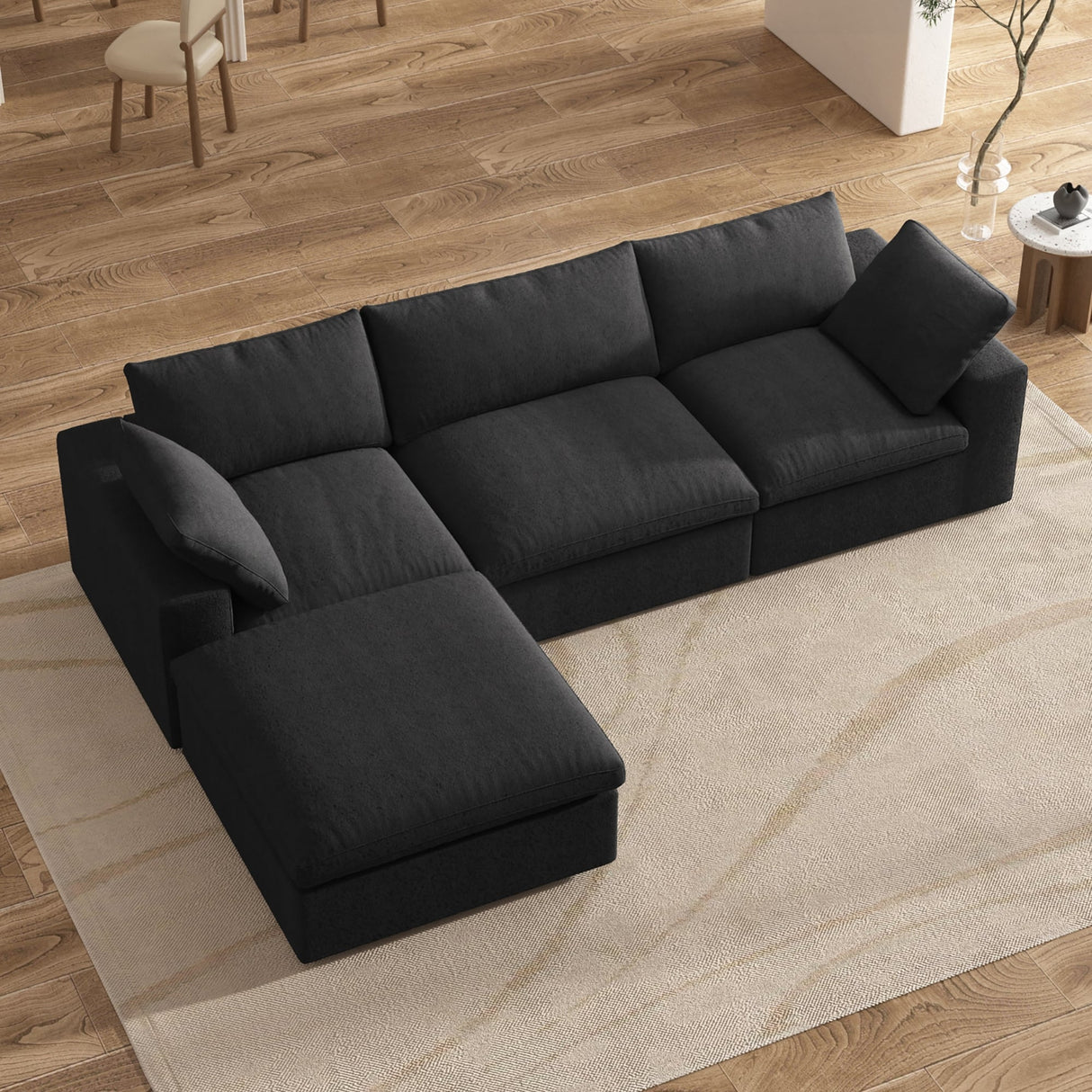 Modern Down Filled Modular 4 Piece Sectional Sofa L-shape Linen Upholstered Couch with Storage Ottoman
