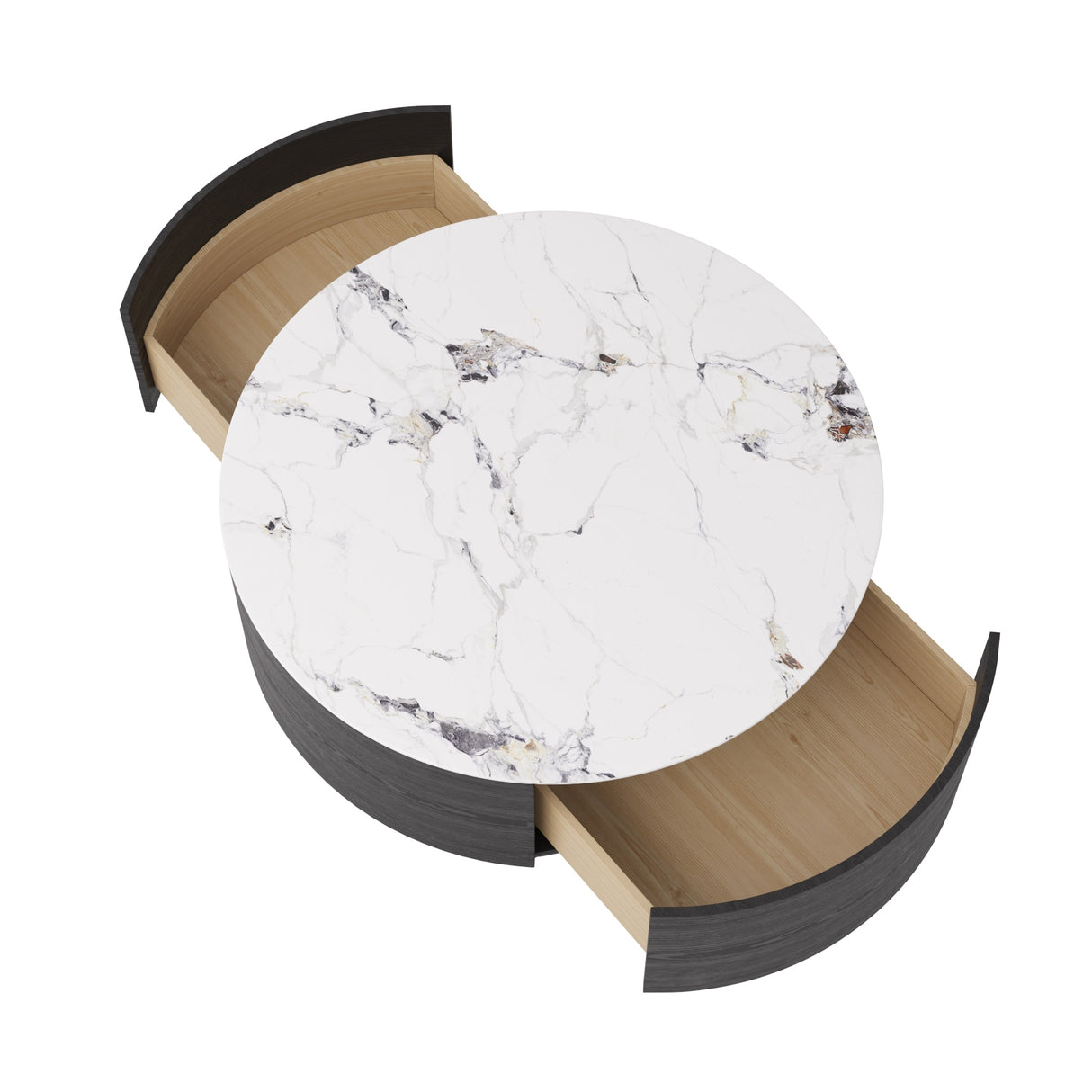 Modern Drum Coffee Table with Oak Veneer, Sintered Stone Coffee Table with 2 Solid Wood Drawers