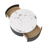 Modern Drum Coffee Table with Oak Veneer, Sintered Stone Coffee Table with 2 Solid Wood Drawers
