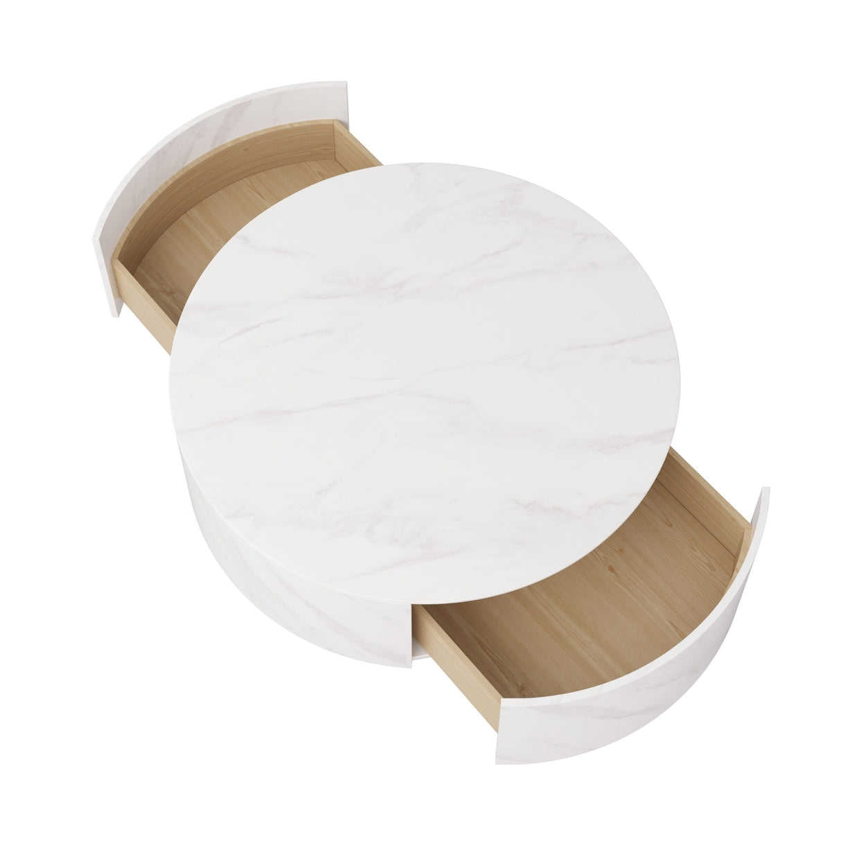 Modern Drum Coffee Table with Oak Veneer, Sintered Stone Coffee Table with 2 Solid Wood Drawers